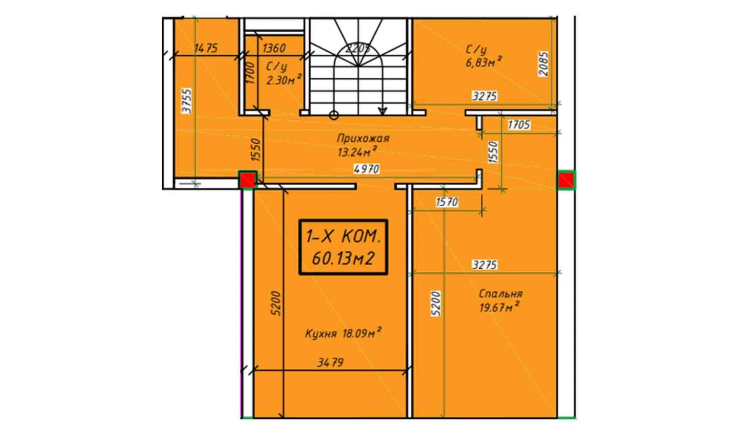 1-комнатная квартира 60.13 м²  1/1 этаж