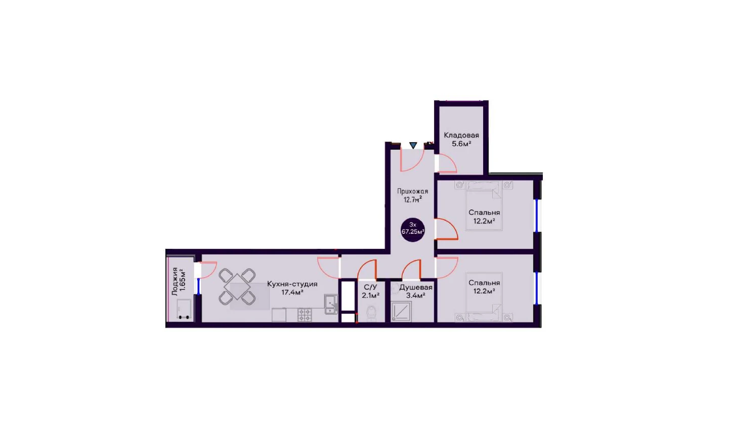 3-комнатная квартира 67.25 м²  12/12 этаж