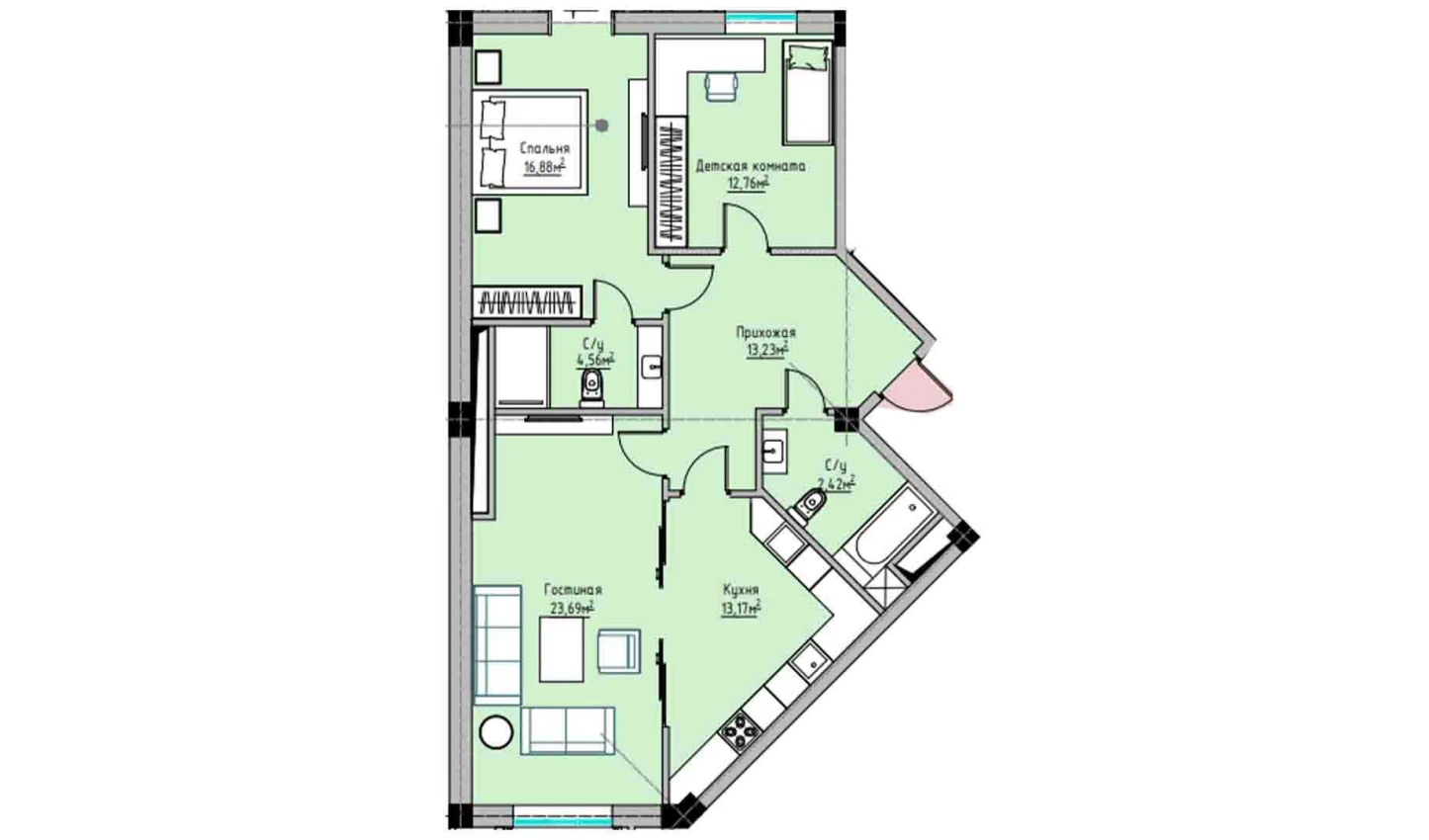 3-комнатная квартира 96.48 м²  12/12 этаж