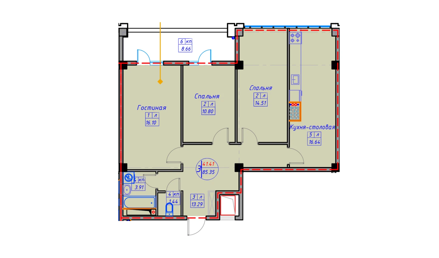 3-комнатная квартира 93.55 м²  1/1 этаж