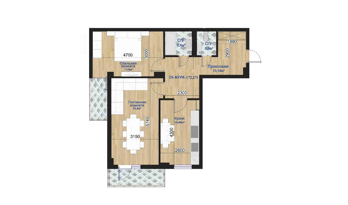 2-комнатная квартира 72.27 м²  7/7 этаж