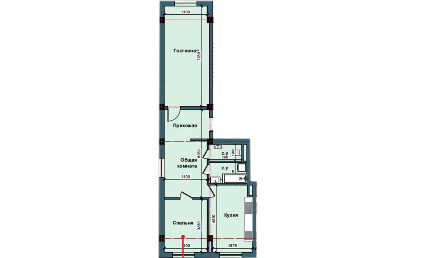 3-комнатная квартира 80 м²  11/11 этаж