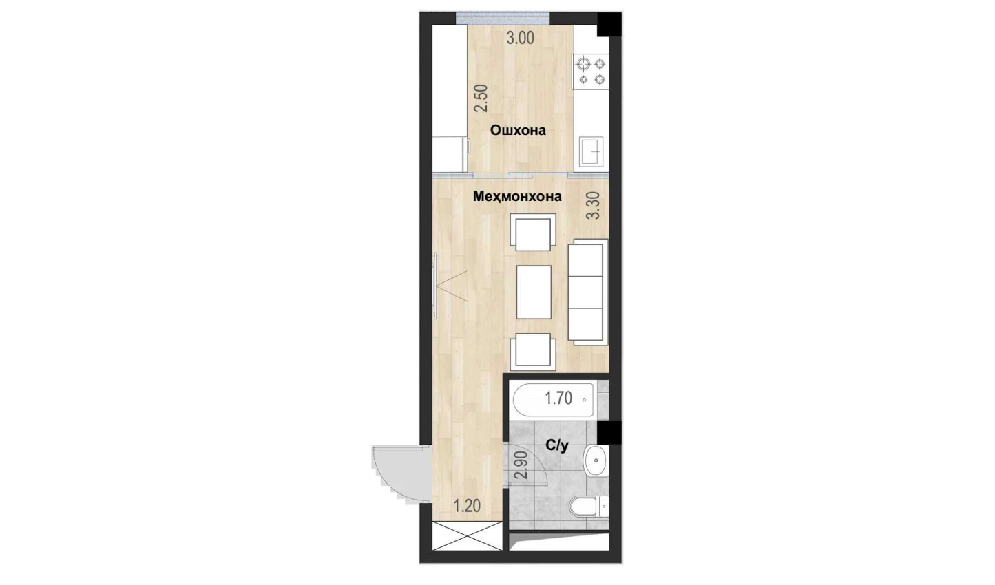 1-xonali xonadon 26.11 m²  1/1 qavat