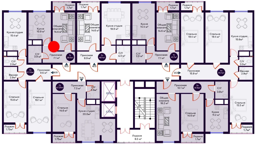 1-xonali xonadon 38 m²  7/7 qavat