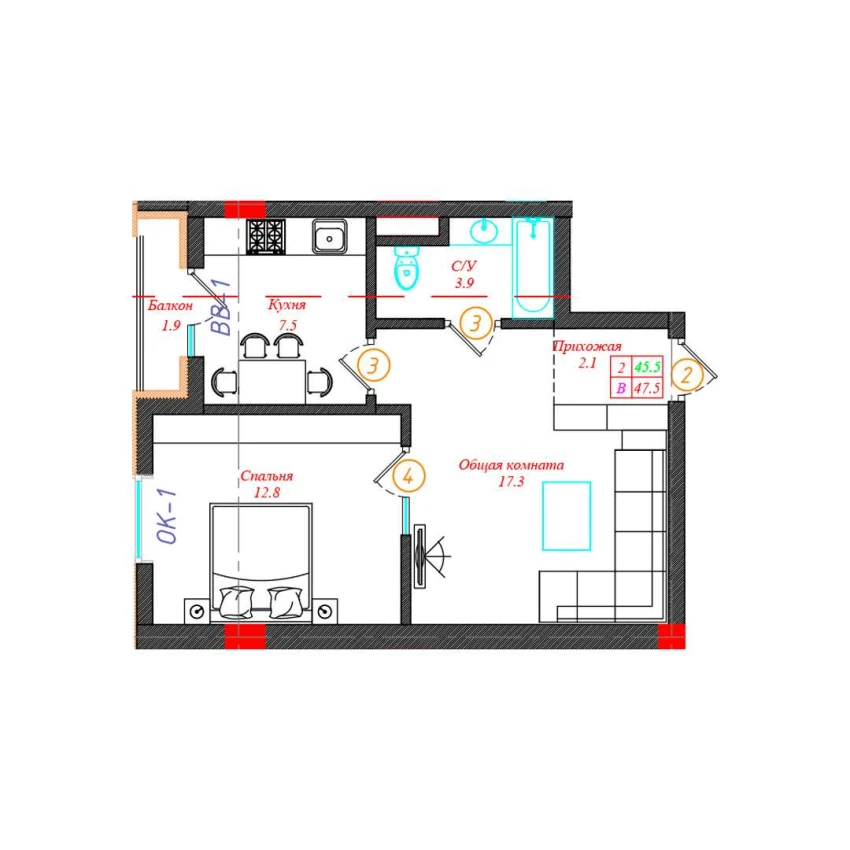 2-xonali xonadon 47.5 m²  5/12 qavat | CHINARA PARK Turar-joy majmuasi