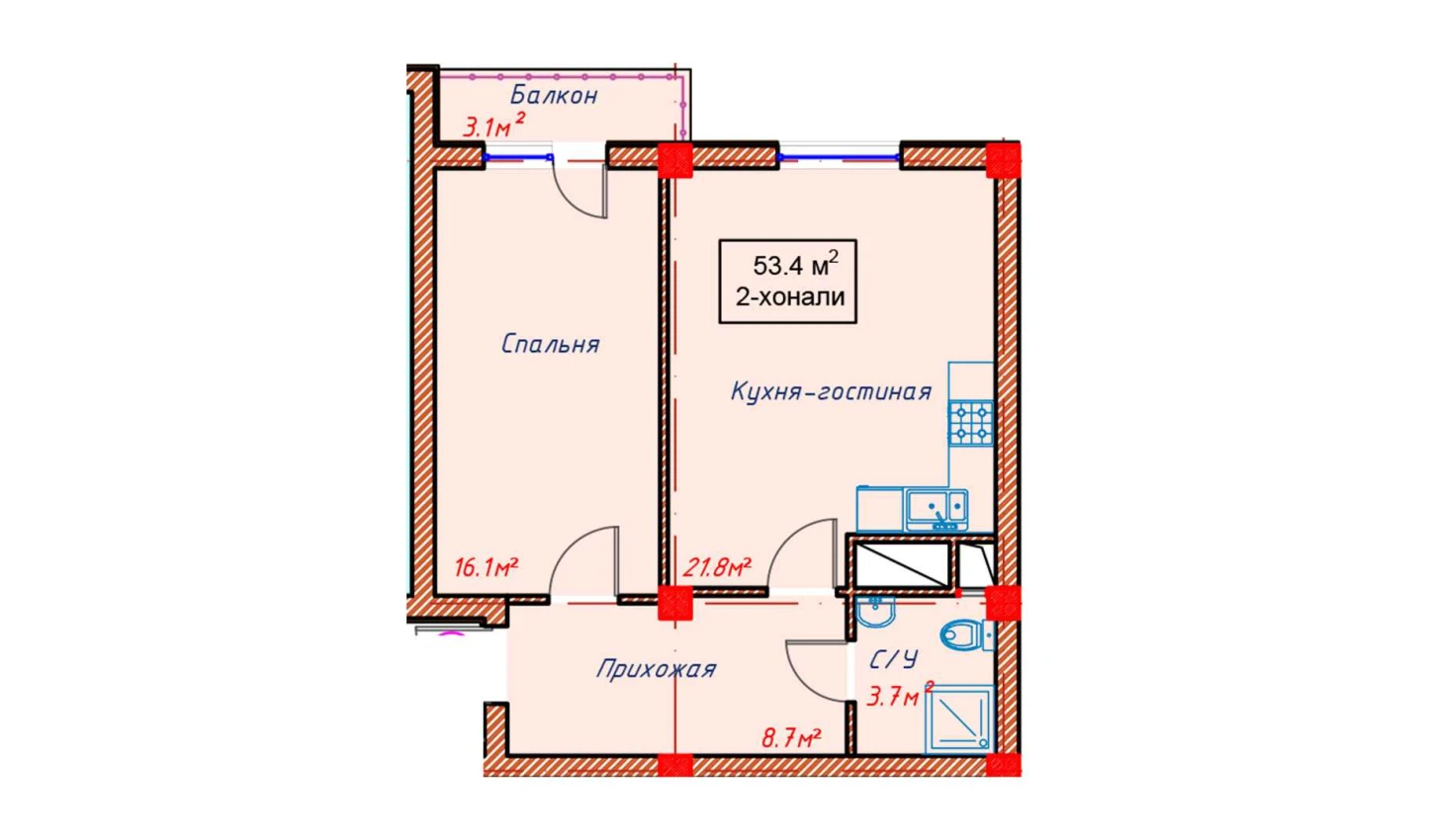 2-xonali xonadon 53.4 m²  5/5 qavat