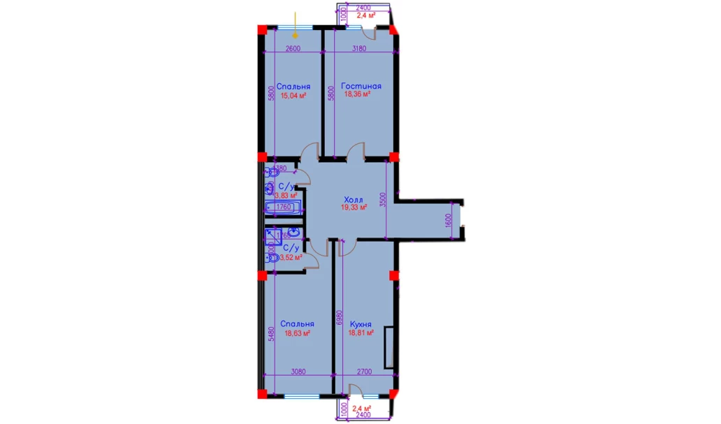 3-комнатная квартира 103.82 м²  7/7 этаж