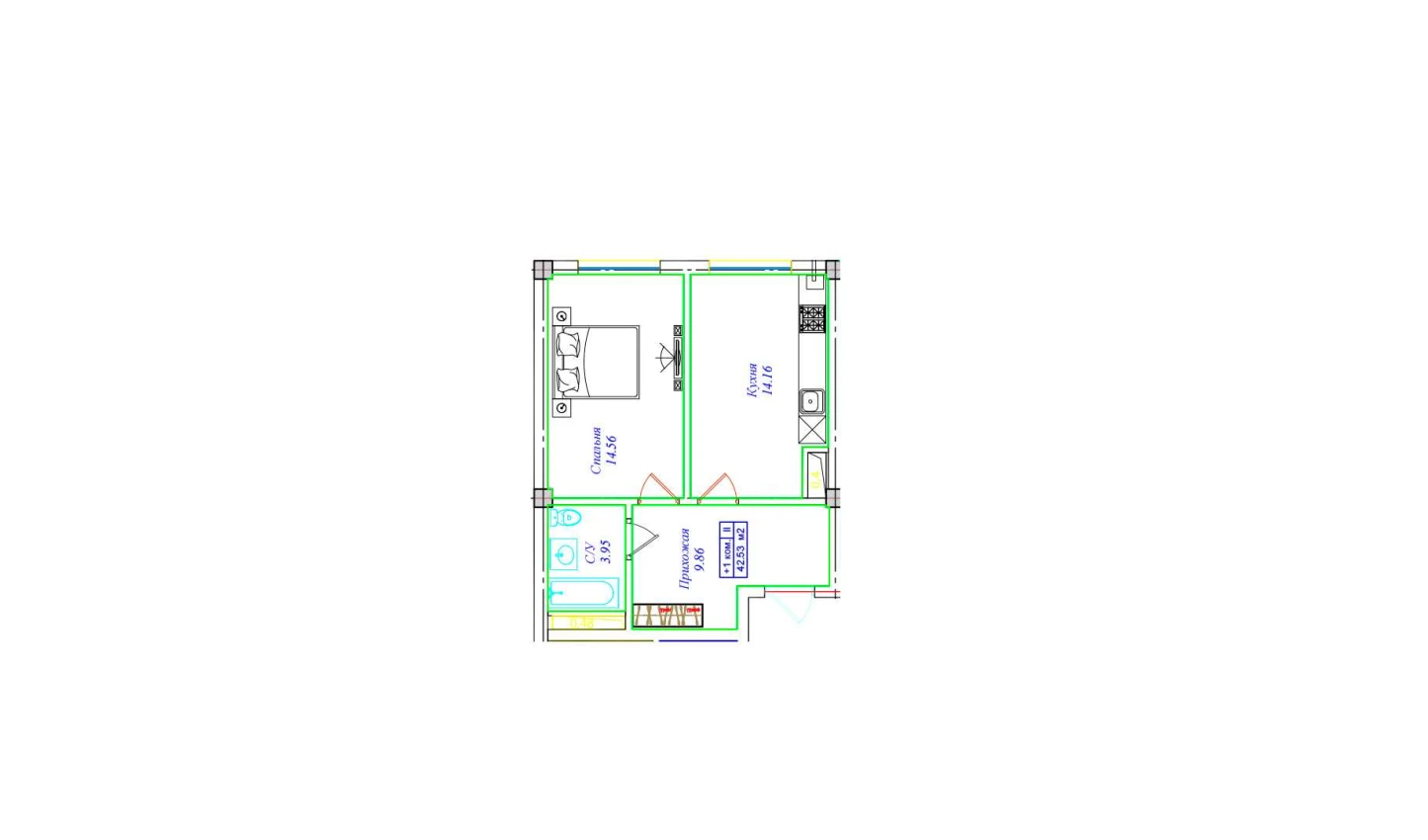 1-комнатная квартира 42.53 м²  7/7 этаж