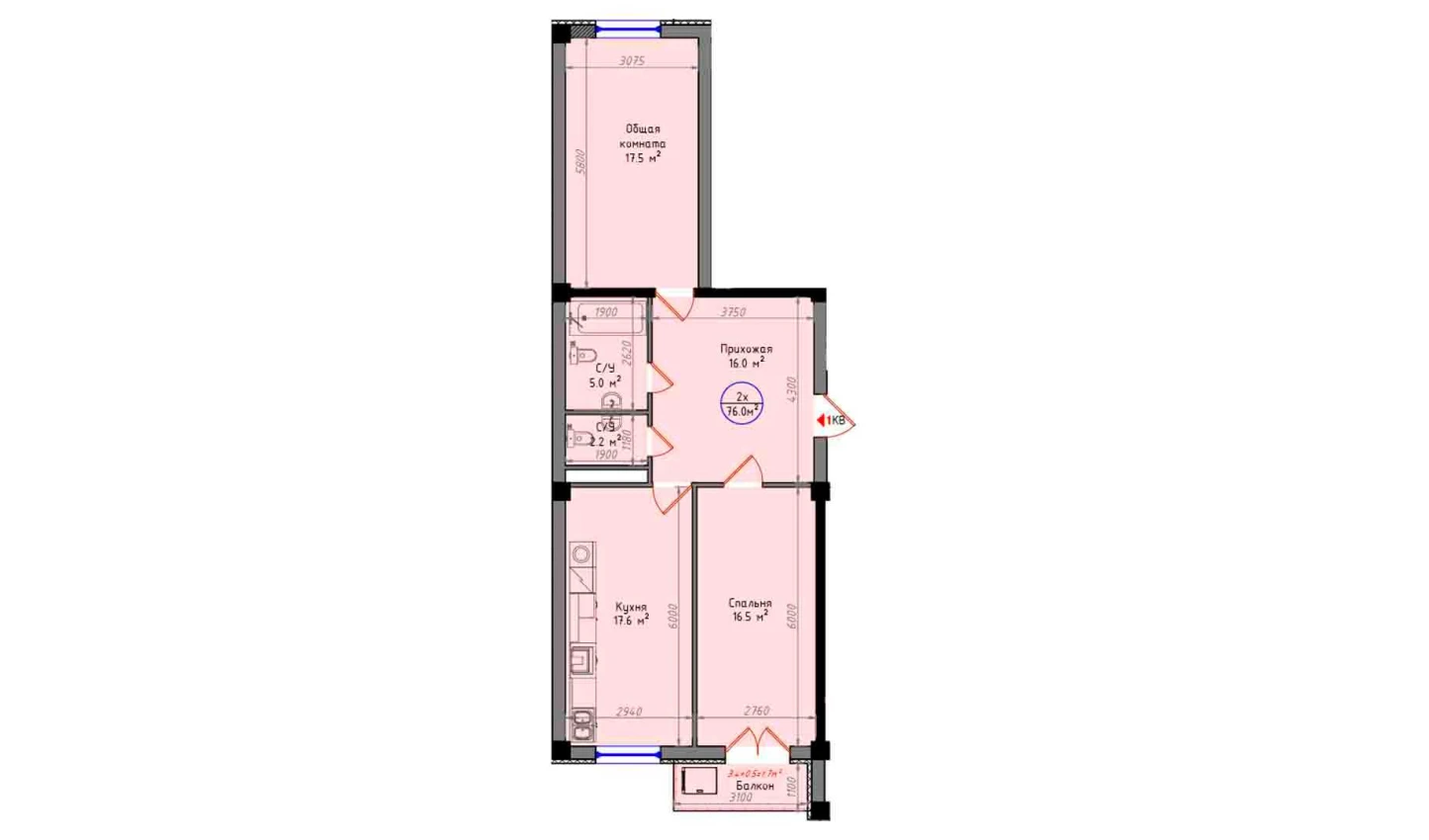 2-комнатная квартира 76.5 м²  3/3 этаж