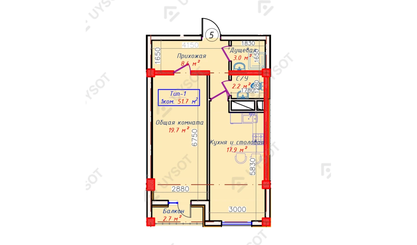 1-xonali xonadon 51.7 m²  8/8 qavat