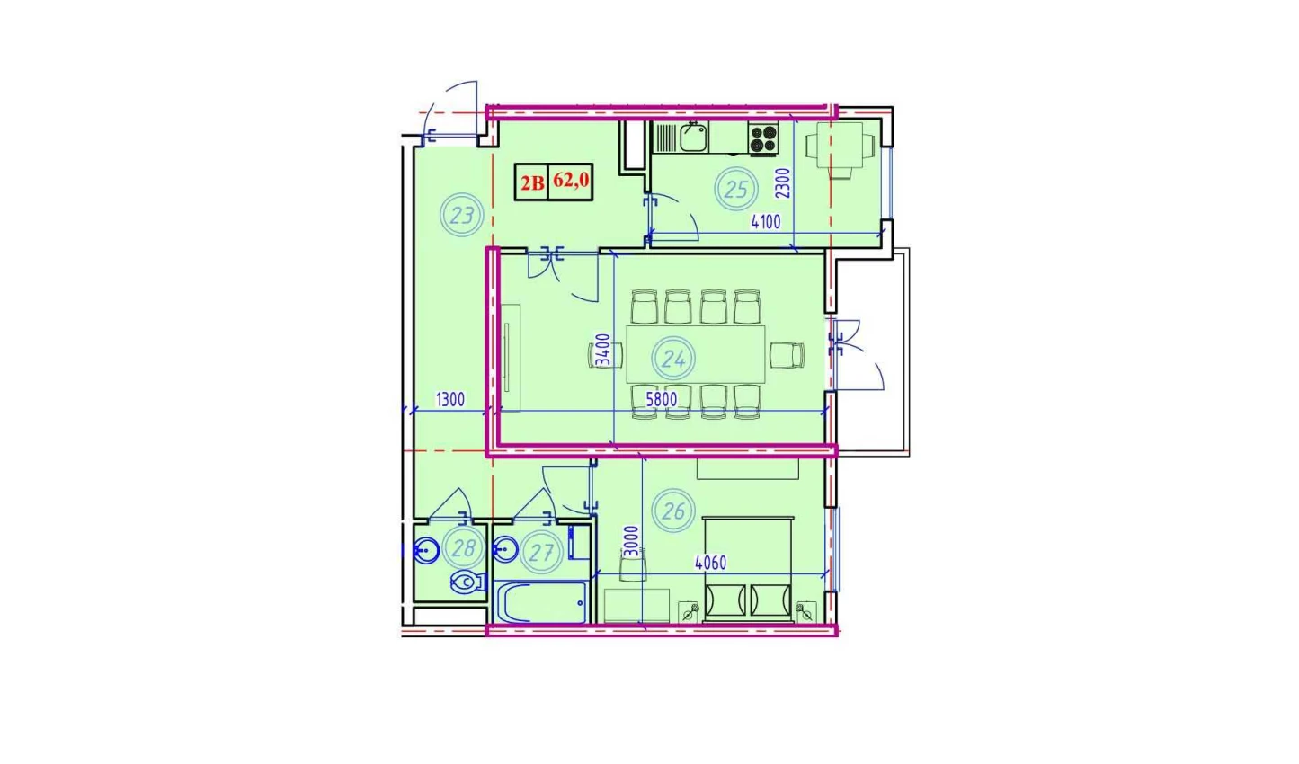 2-комнатная квартира 62 м²  4/4 этаж