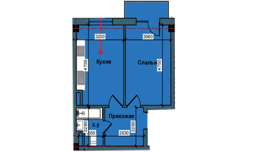 1-комнатная квартира 43.3 м²  3/3 этаж