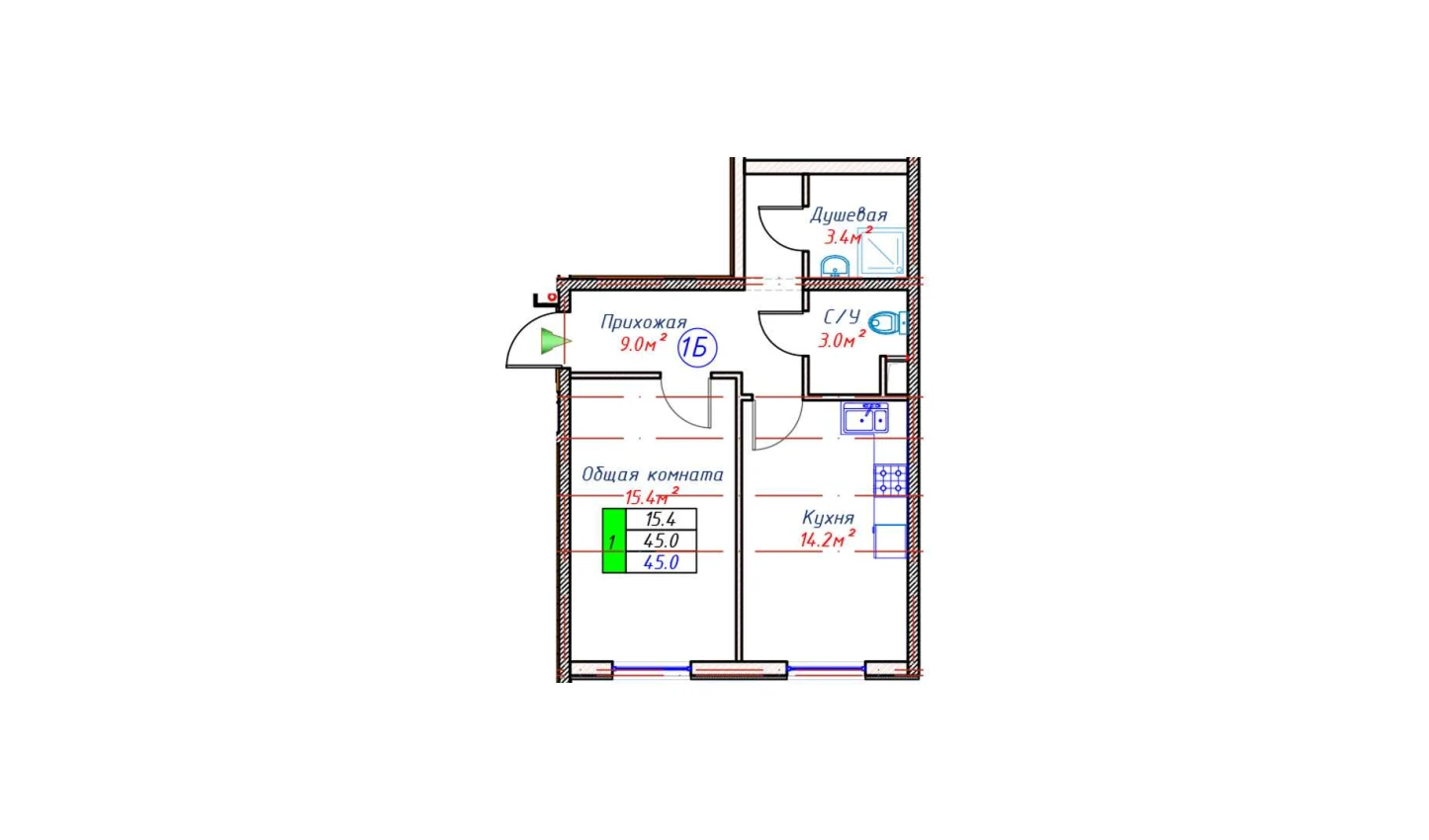 1-комнатная квартира 45 м²  1/1 этаж