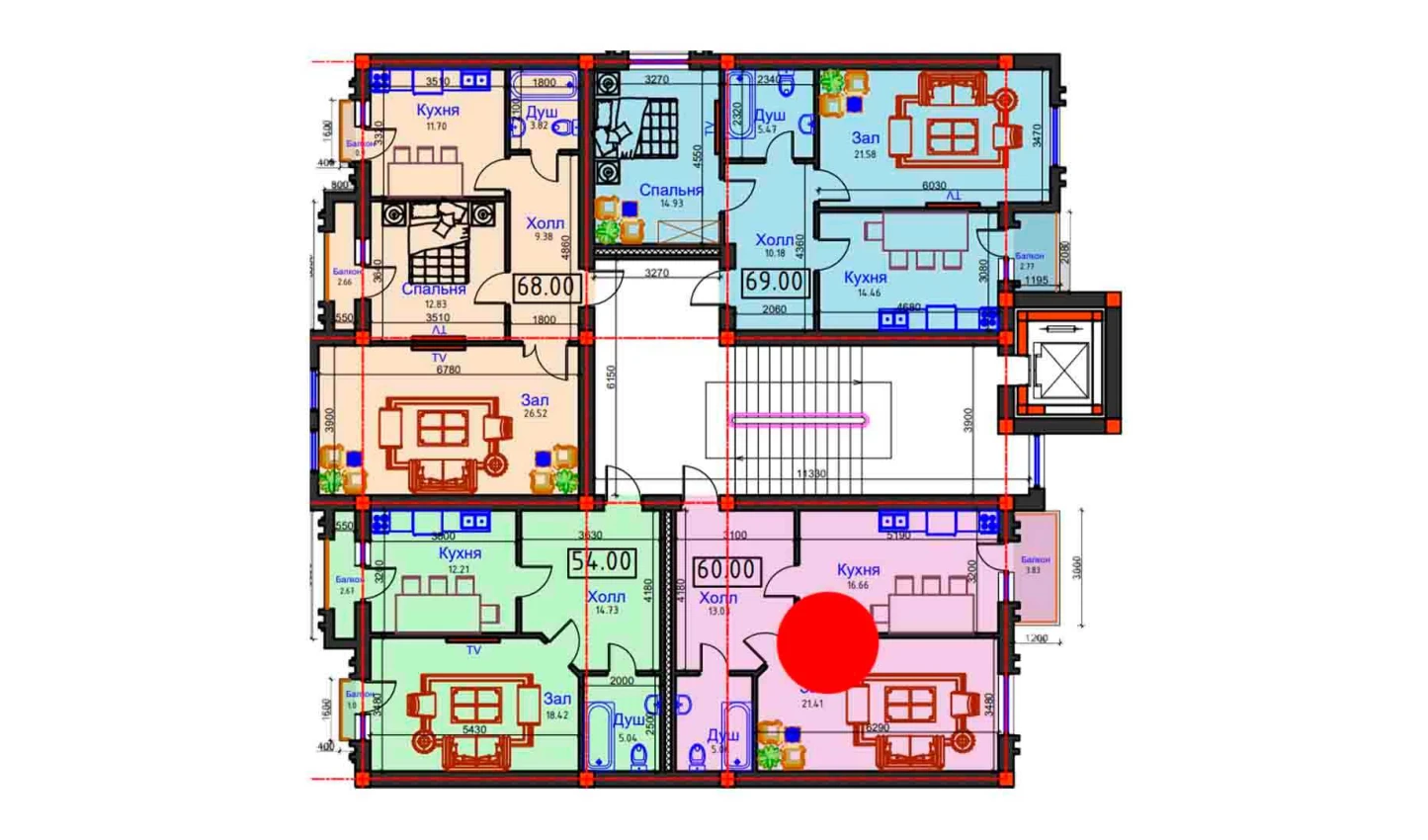 1-комнатная квартира 60 м²  6/6 этаж