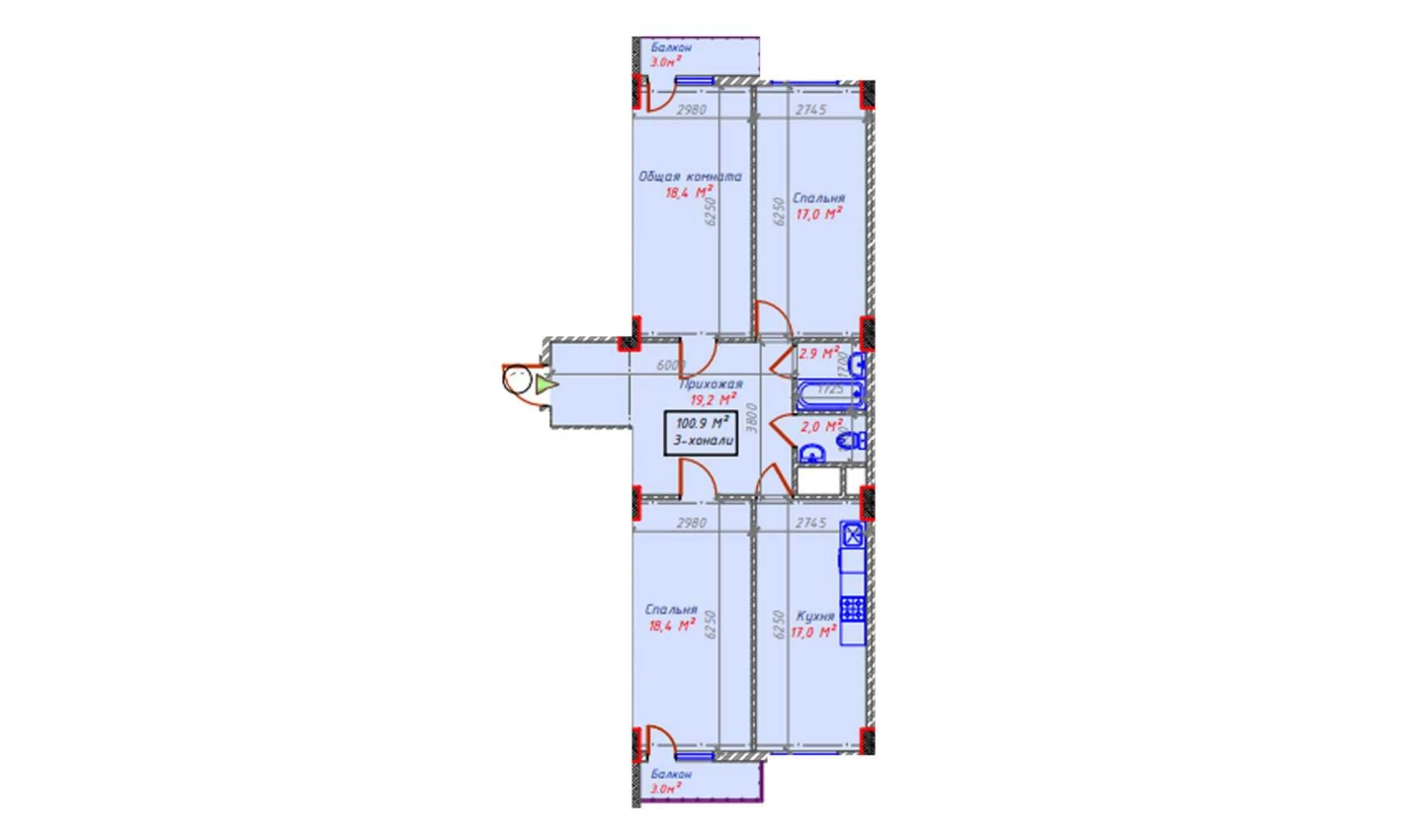 3-xonali xonadon 100.9 m²  8/8 qavat