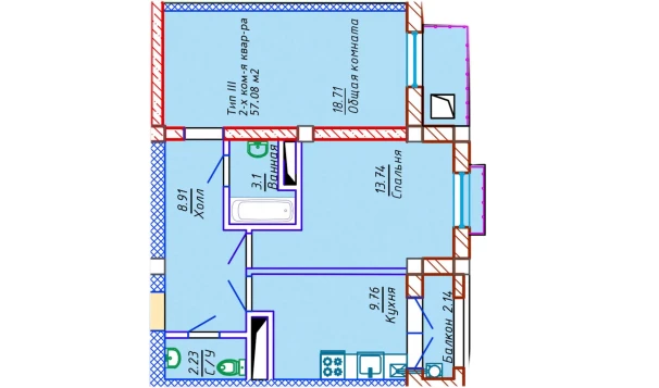 2-комнатная квартира 57.08 м²  3/3 этаж