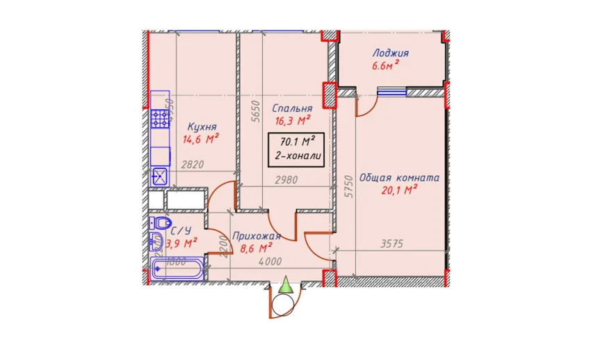 2-комнатная квартира 70.1 м²  16/16 этаж | Жилой комплекс Sam House (Qora Suv)