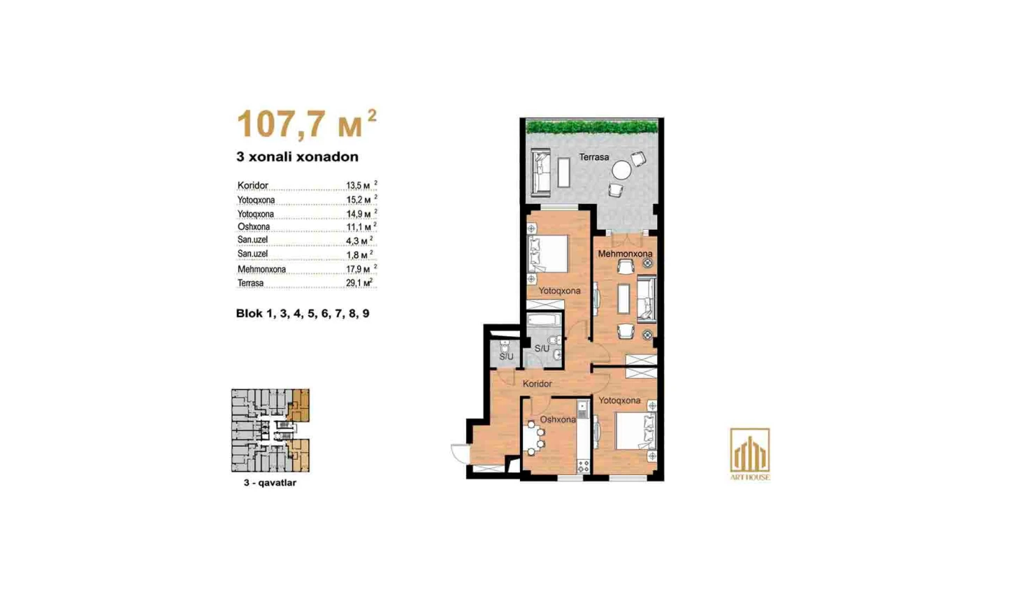 3-xonali xonadon 78.6 m²  3/3 qavat