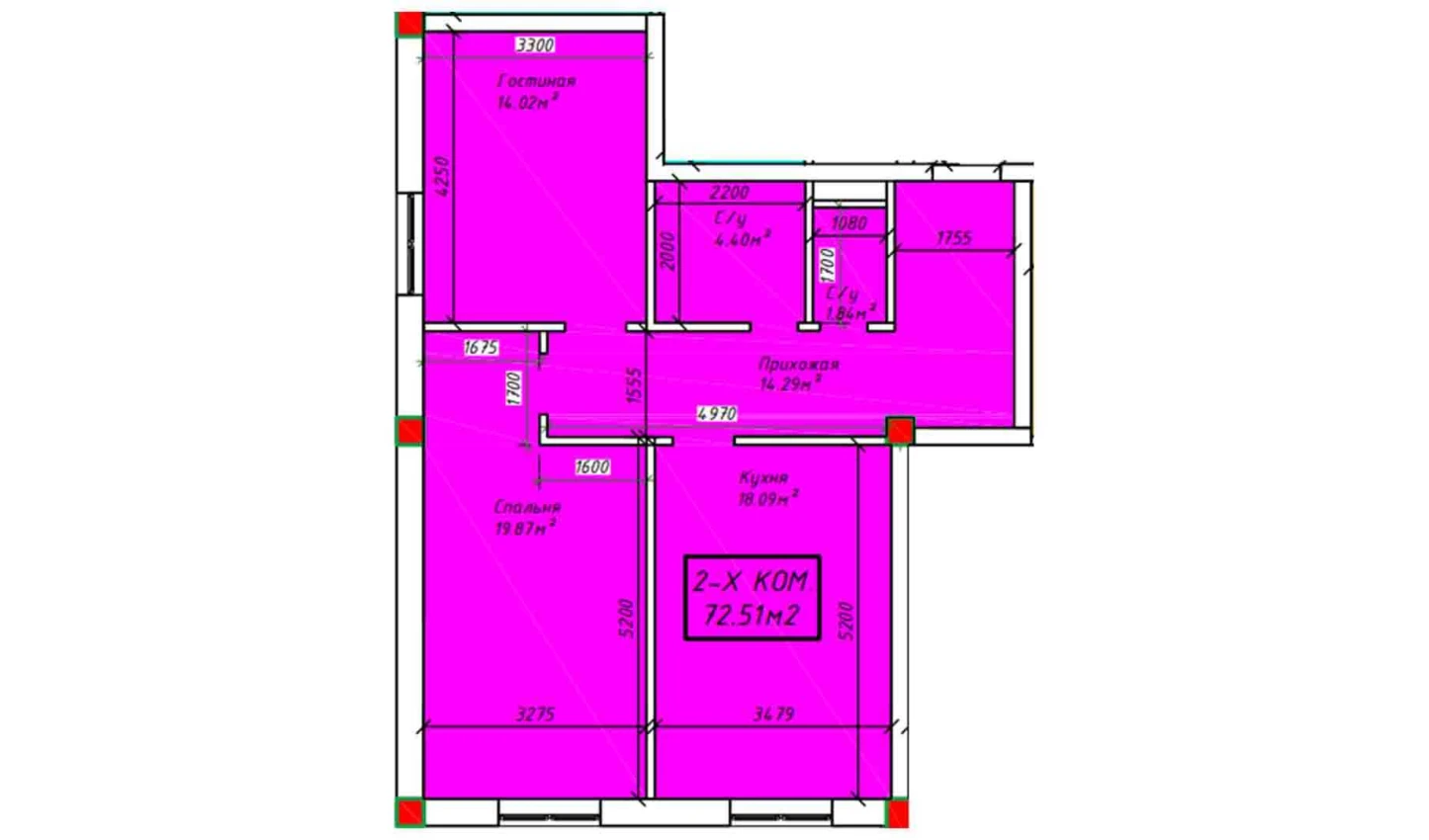 2-комнатная квартира 72.51 м²  2/2 этаж