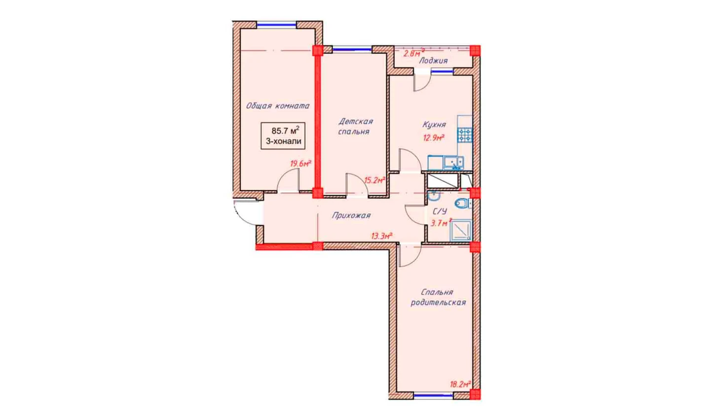 3-xonali xonadon 85.7 m²  3/3 qavat