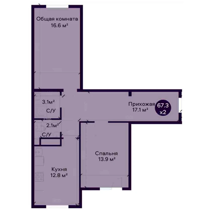 2-комнатная квартира 67.3 м²  6/6 этаж