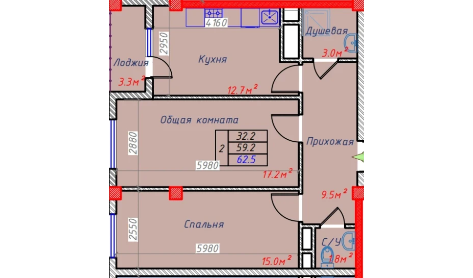 2-xonali xonadon 62.5 m²  5/5 qavat