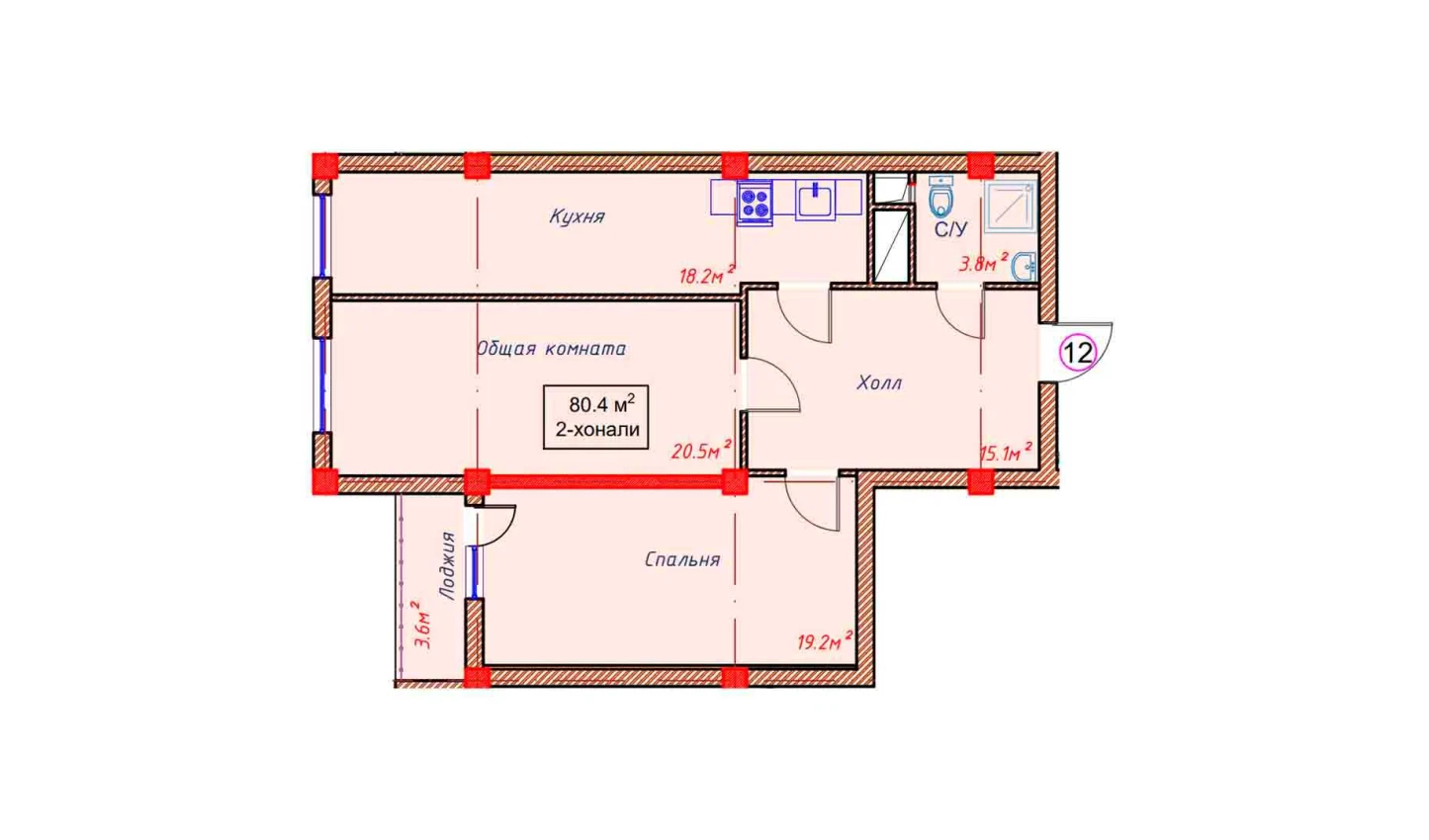 2-xonali xonadon 80.4 m²  4/4 qavat