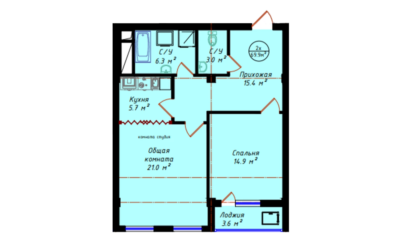 2-xonali xonadon 69.9 m²  2/2 qavat