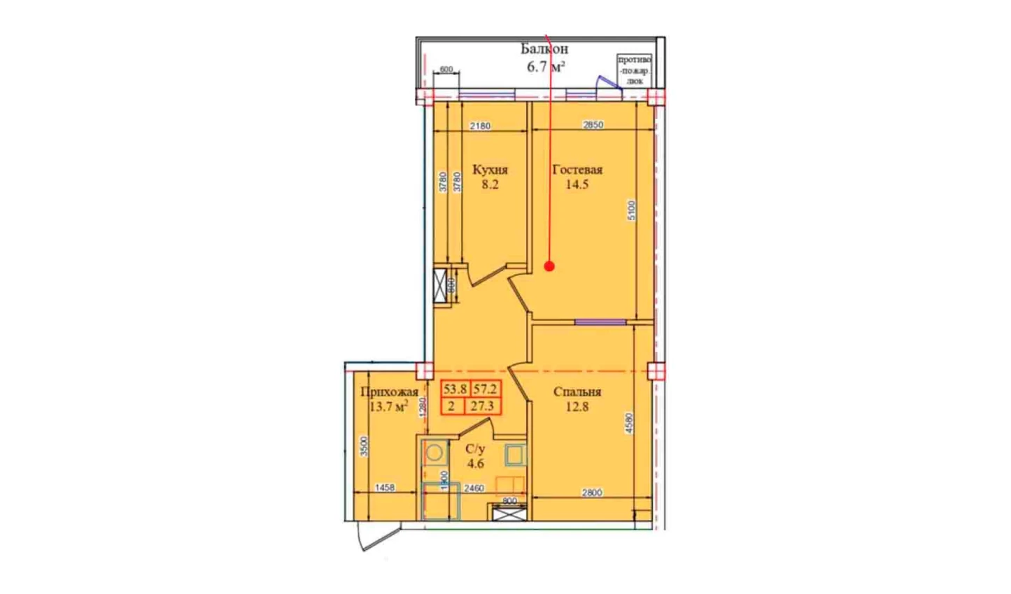 2-комнатная квартира 57.2 м²  8/8 этаж