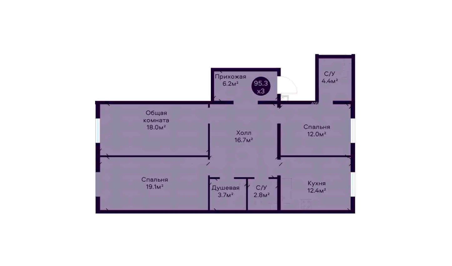 3-комнатная квартира 95.3 м²  1/1 этаж