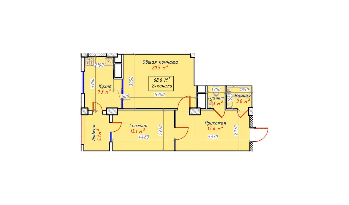 2-комнатная квартира 68.6 м²  9/9 этаж