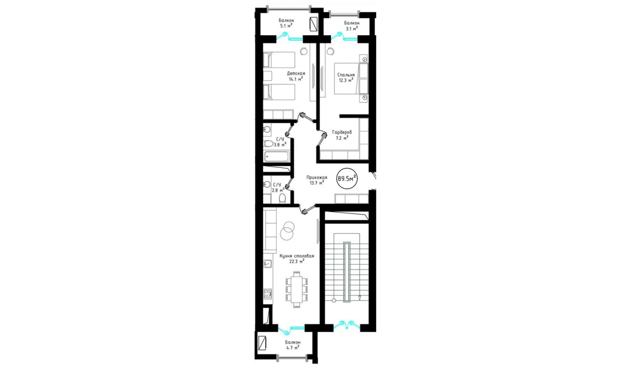 2-xonali xonadon 89.5 m²  5/5 qavat