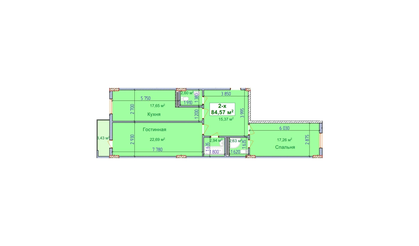 2-комнатная квартира 81.14 м²  8/8 этаж