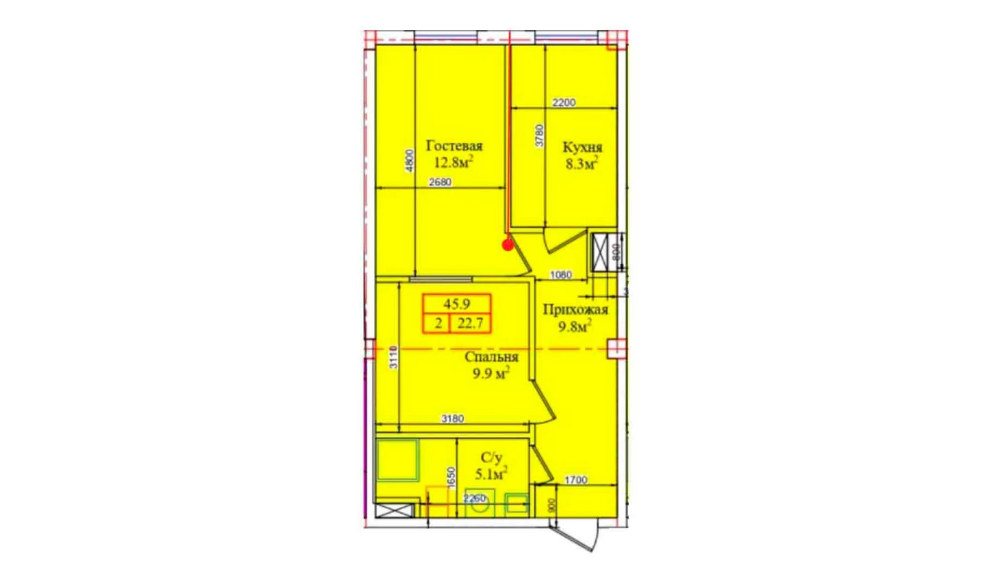 2-комнатная квартира 45.9 м²  1/1 этаж