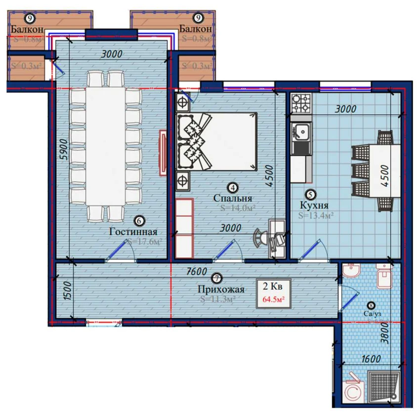 2-xonali xonadon 64.5 m²  7/7 qavat