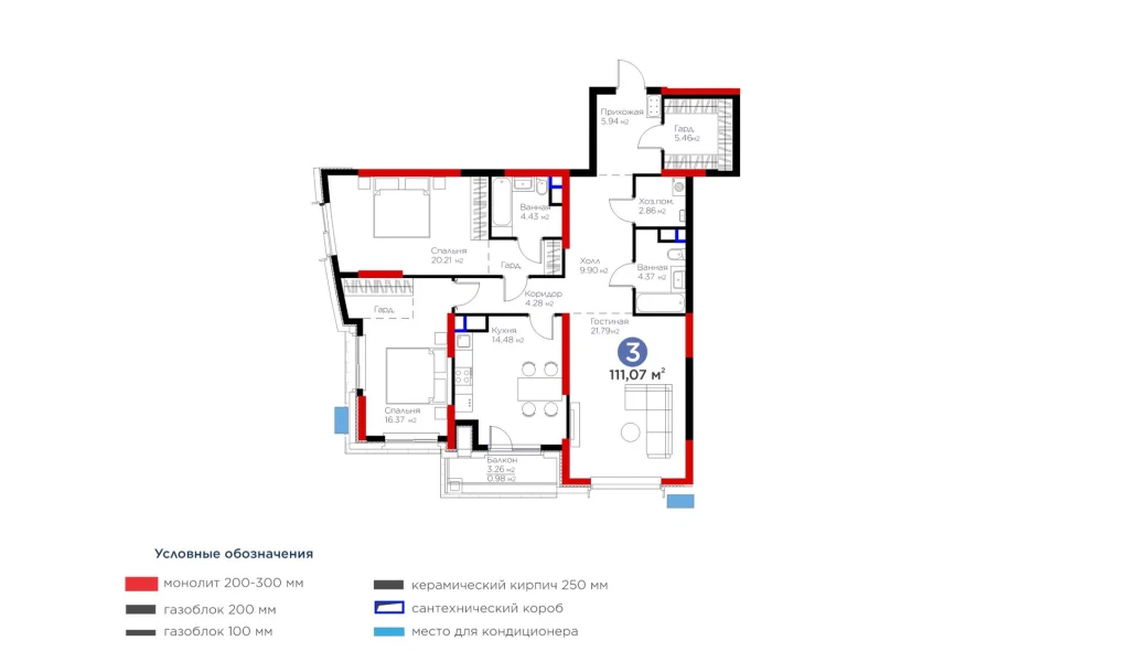 3-комнатная квартира 111.07 м²  7/7 этаж