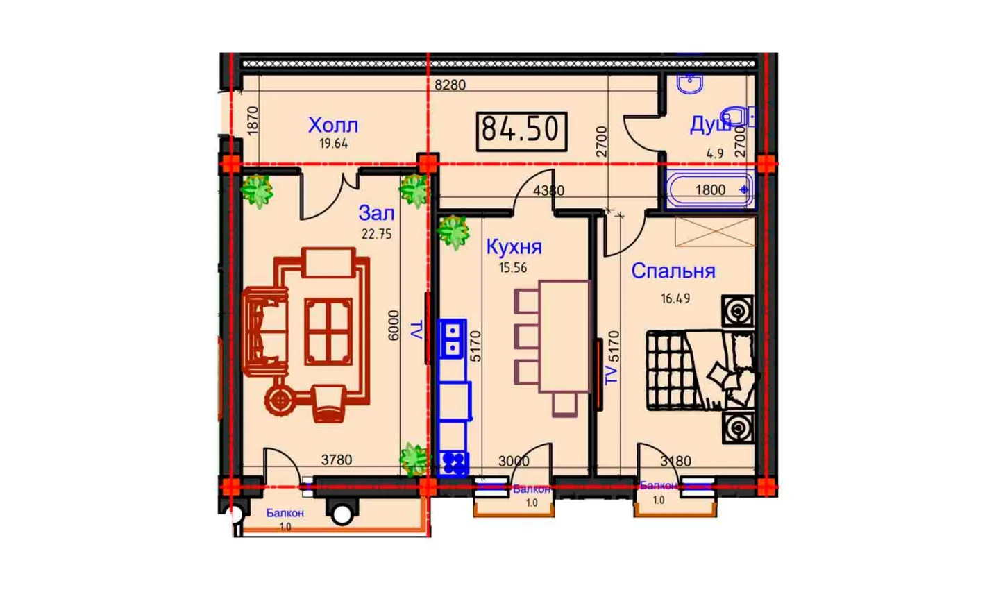 2-комнатная квартира 84.5 м²  8/8 этаж