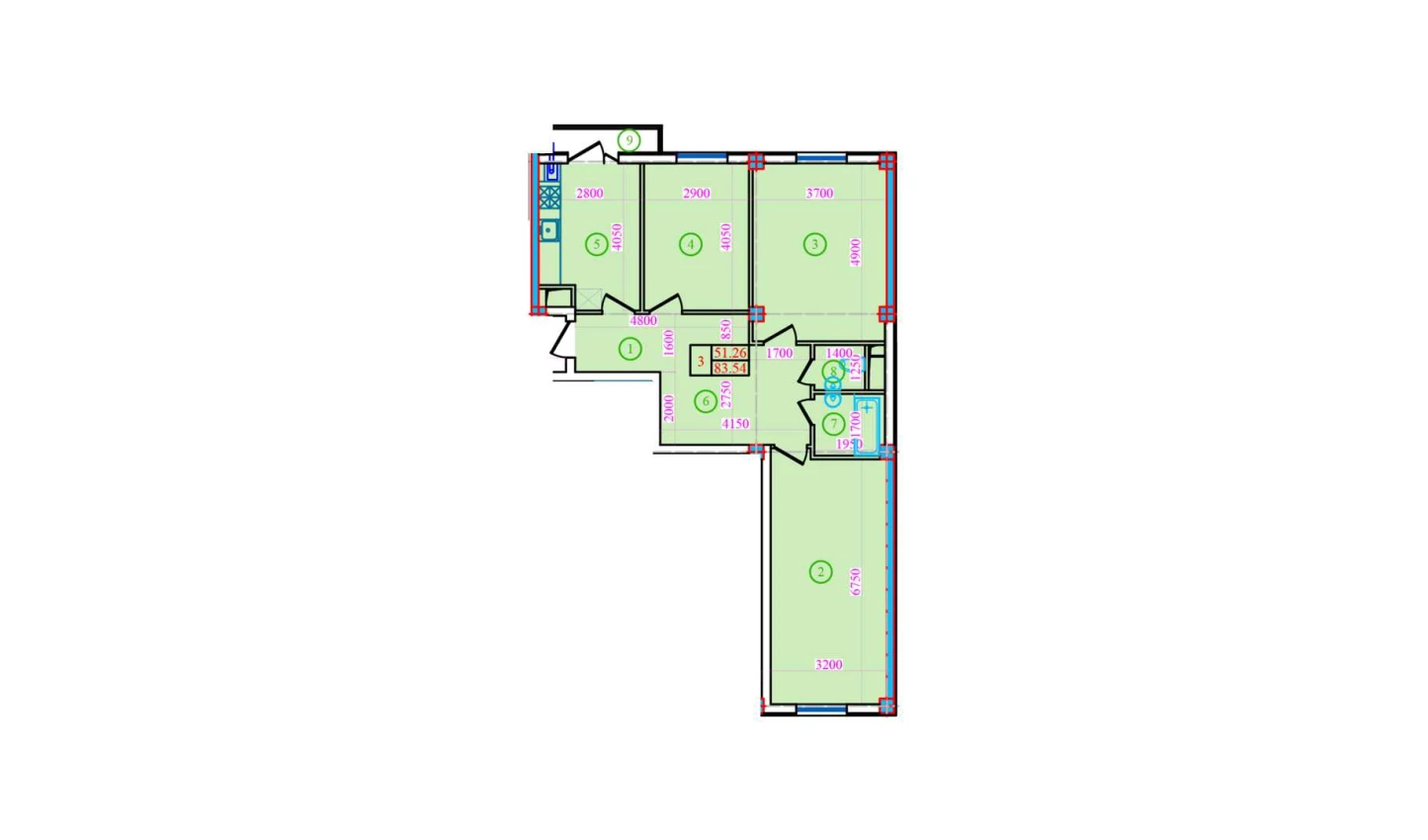 3-комнатная квартира 83.54 м²  2/2 этаж