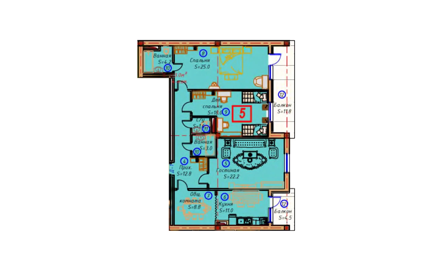 4-комнатная квартира 123 м²  2/2 этаж