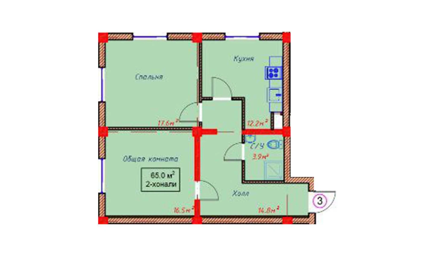 2-комнатная квартира 65 м²  1/1 этаж