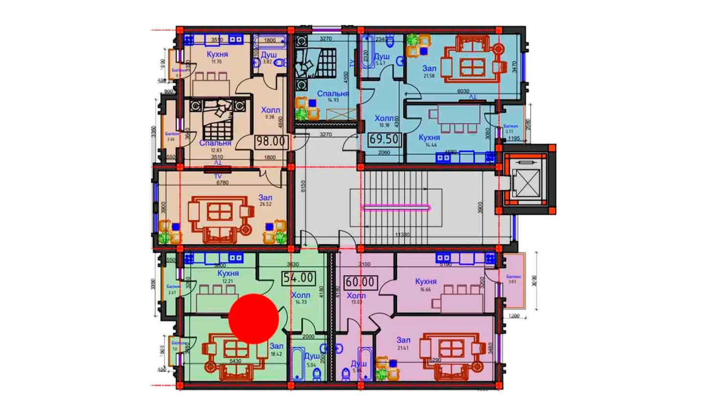 1-комнатная квартира 54 м²  5/5 этаж