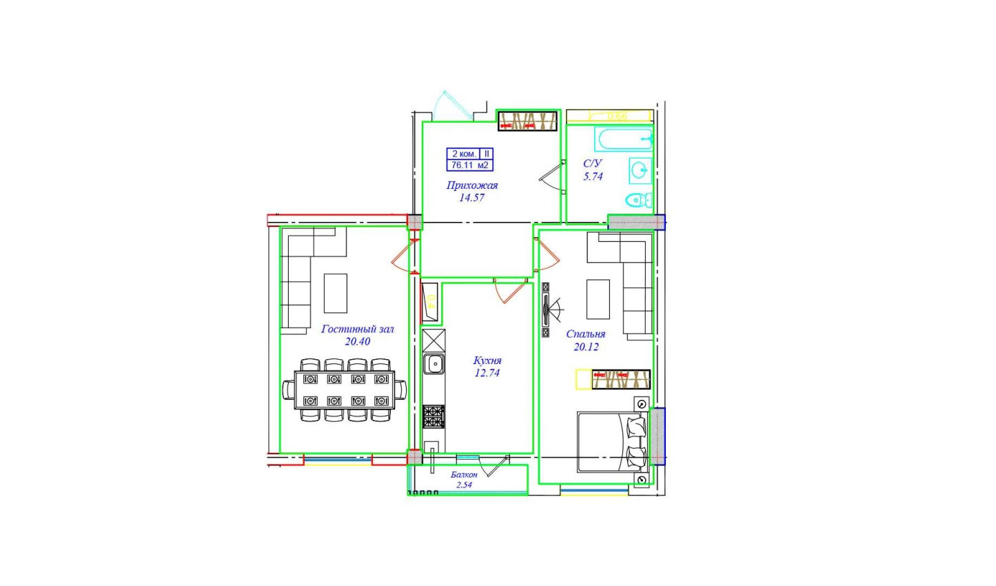 2-комнатная квартира 76.11 м²  6/6 этаж