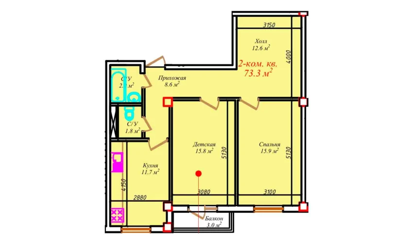 2-xonali xonadon 73.3 m²  7/7 qavat | CHIRCHIQ CITY Turar-joy majmuasi