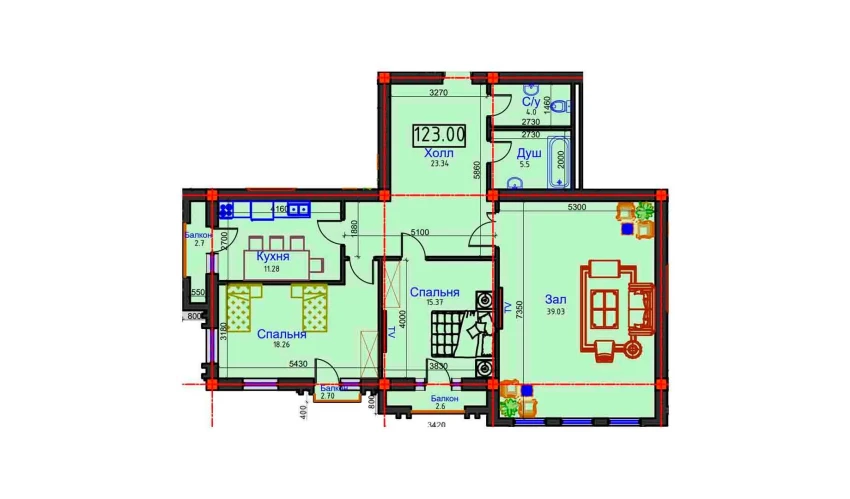 3-комнатная квартира 123 м²  4/8 этаж | Жилой комплекс BAHOR