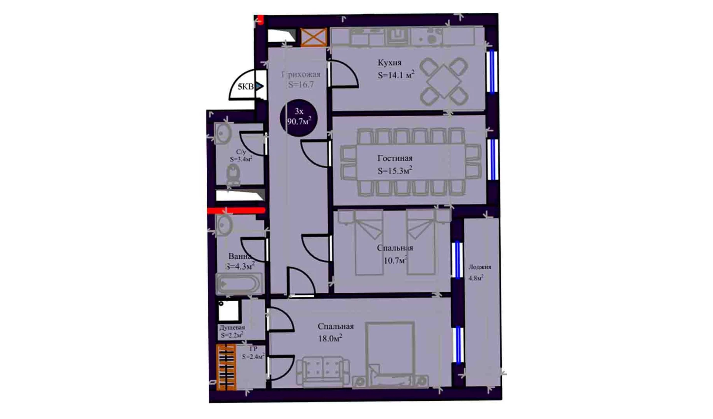 3-комнатная квартира 90.7 м²  8/8 этаж