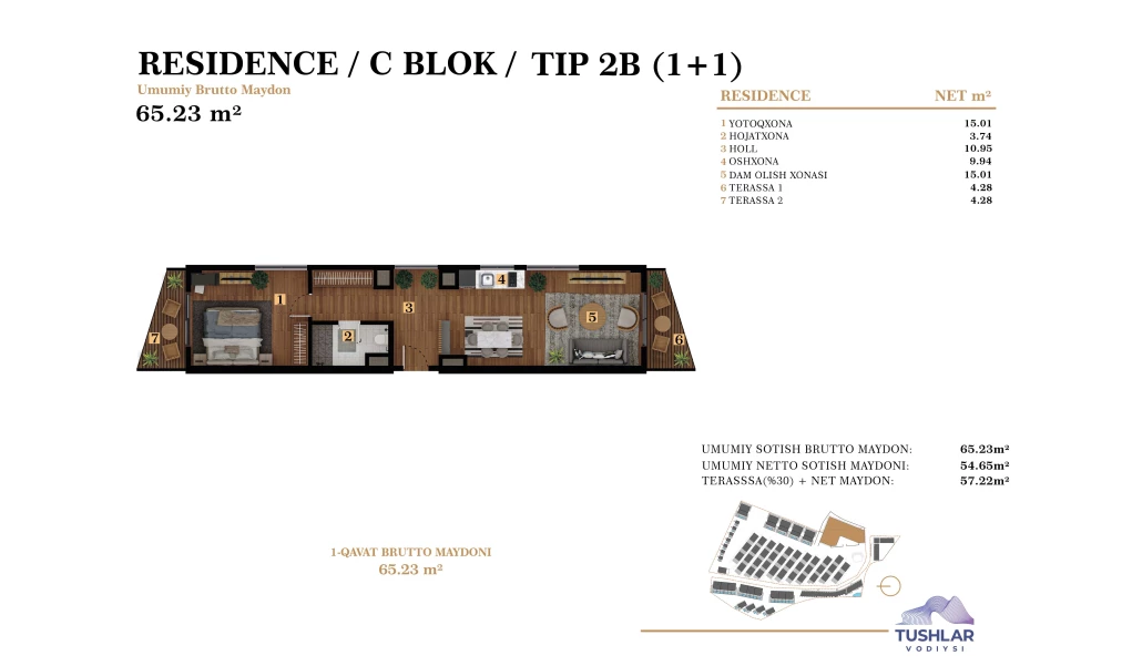 2-xonali xonadon 57.218 m²  2/2 qavat