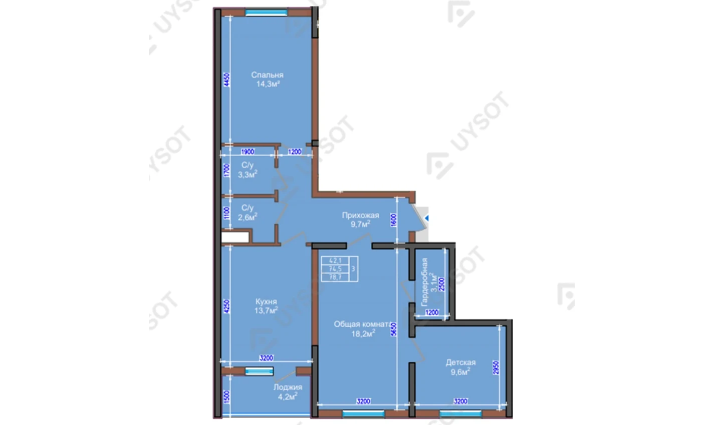 3-комнатная квартира 78.7 м²  2/2 этаж