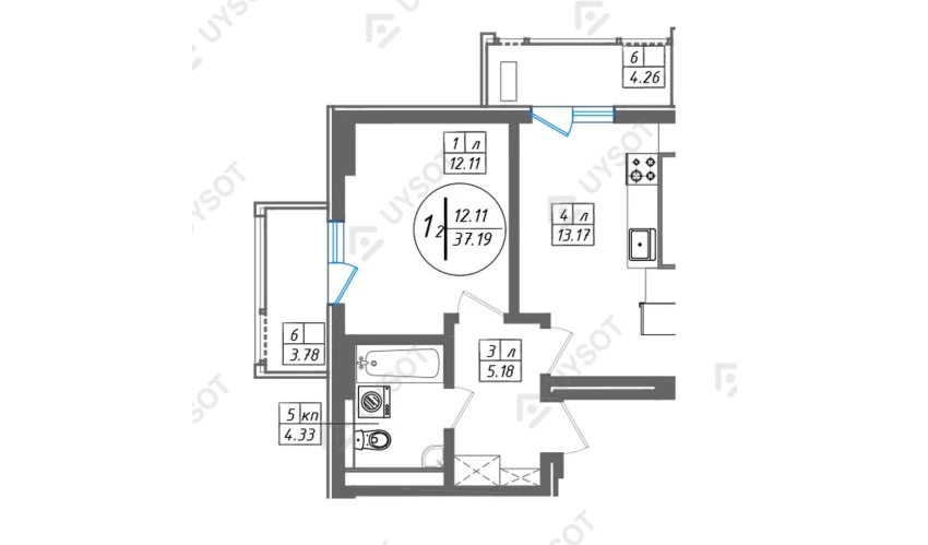 1-xonali xonadon 37.19 m²  2/11 qavat | SUN Turar-joy majmuasi