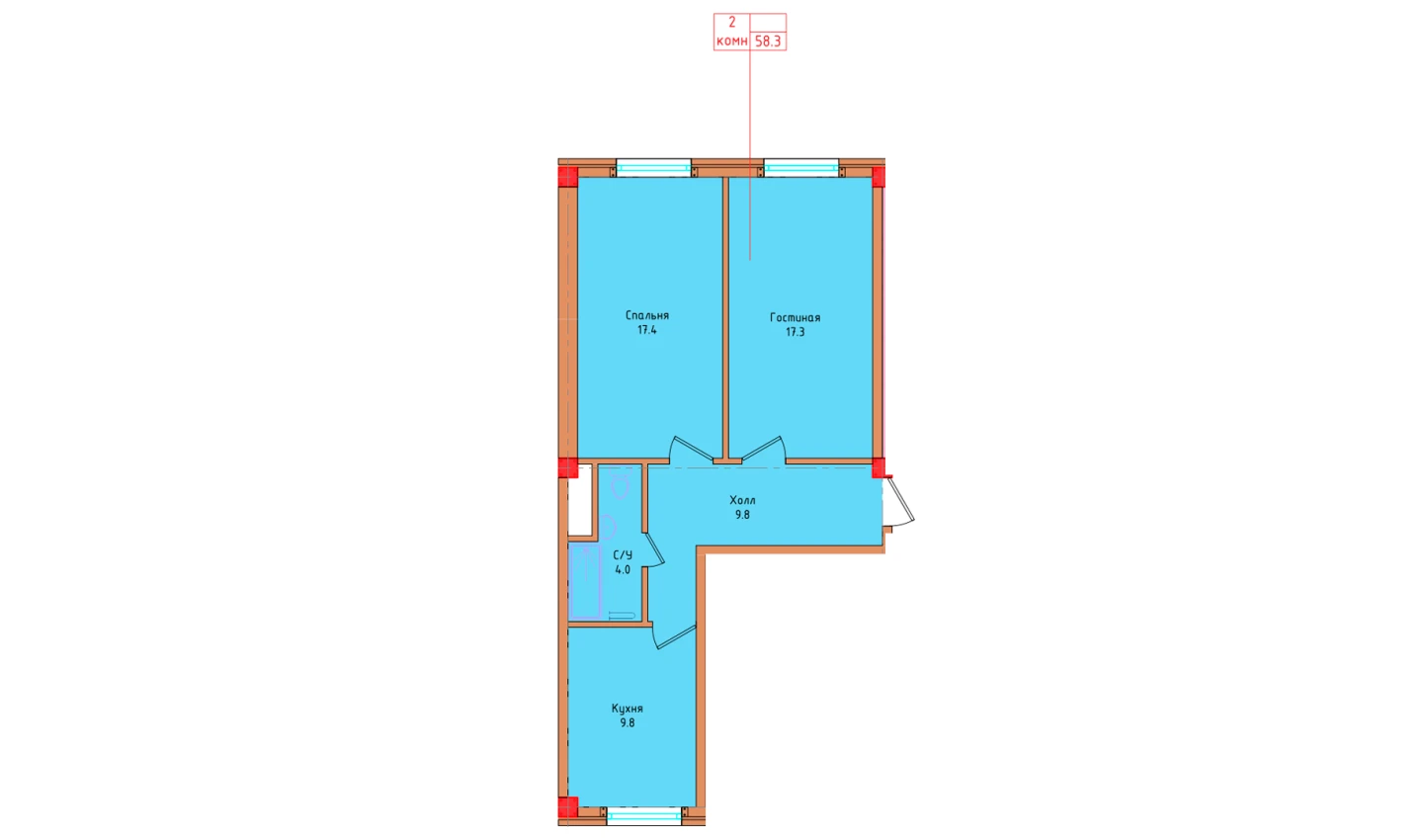 2-комнатная квартира 58.3 м²  1/1 этаж