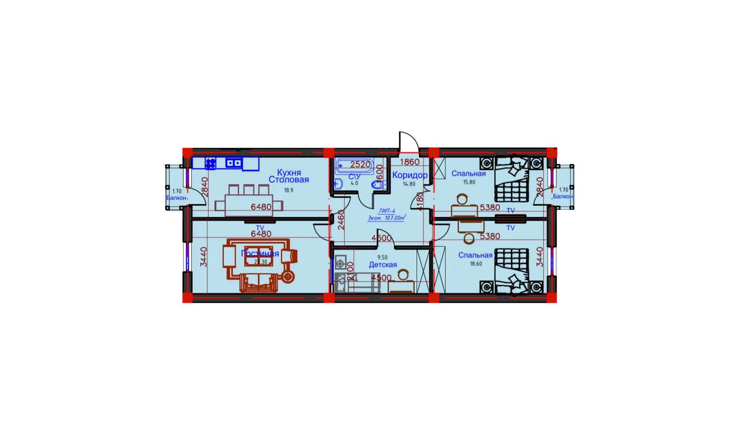 3-xonali xonadon 107 m²  2/2 qavat